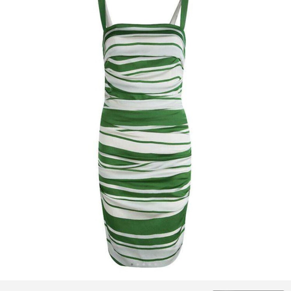 Dolce and Gabbana Green and White Striped Silk Dress Size 44